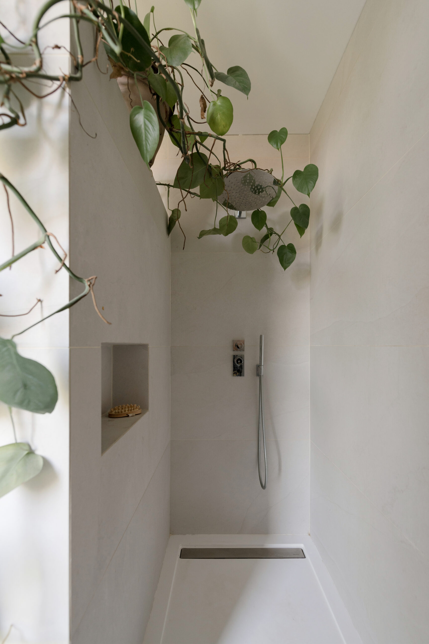 Douche spacieuse en effet marbre avec niche intégrée et plante tropicale dans la suite parentale